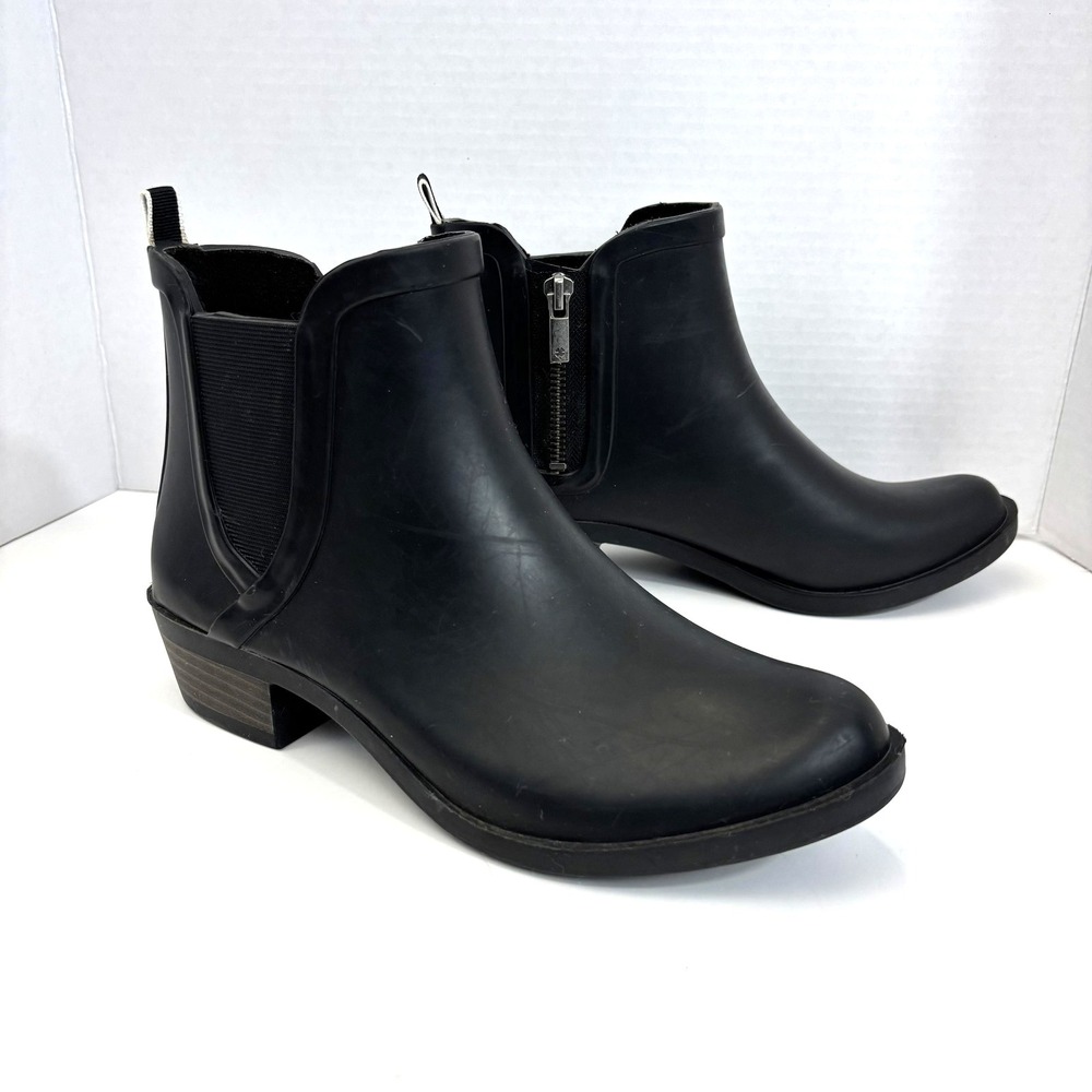 Lucky Brand Basel H2O Rain Boots Womens 8 Black Rubber Ankle Booties Waterproof